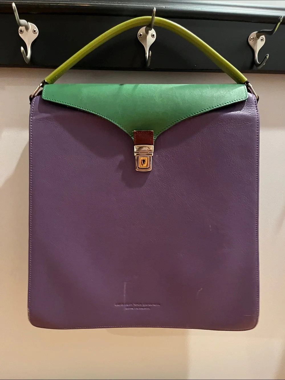 Hester Van Eeghen Purple and Green Accordion Design Handbag Purse Backpack